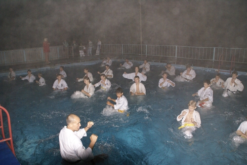 Отработка техники каратэ киокушинкай в воде