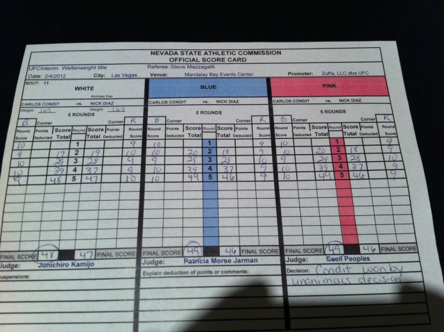 Судейские оценки боя Diaz vs. Condit Судейские оценки боя Diaz vs. Condit